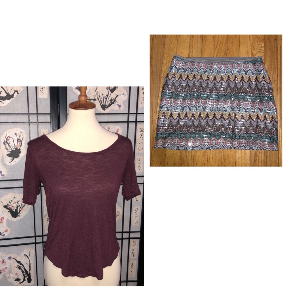 Outfit: T-shirt and skirt! Maroon T-shirt by MADEWELL and multicolored skirt